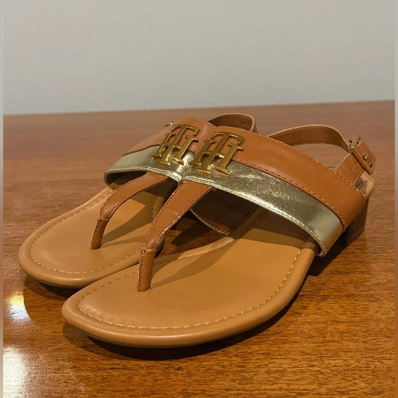 Tommy Hilfiger Thong Sandals Brown‎ & Gold Sz 7 - Picture 7 of 7